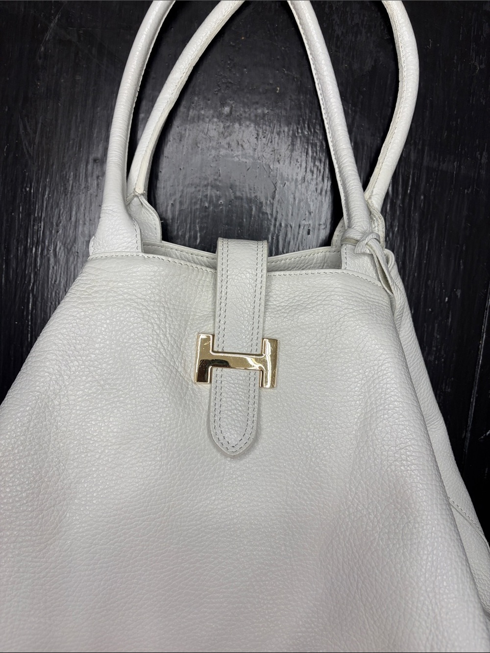 Vera Pelle White Leather Satchel with Gold Hardware